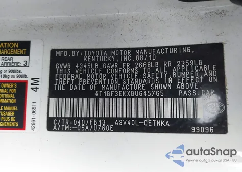 2011 Toyota Camry Le from USA, damaged, VIN 4T1BF3EKXBU645765
